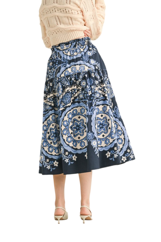 Apparel- En Merci  Printed High Rise Midi Skirt