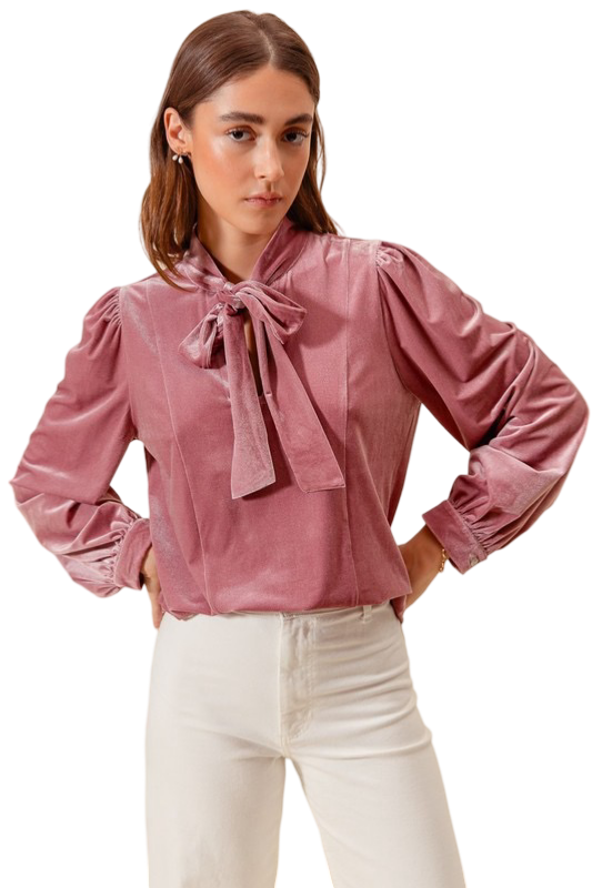 Apparel- So Me Bow Tie Neck Velvet Top with Puffed Sleeves