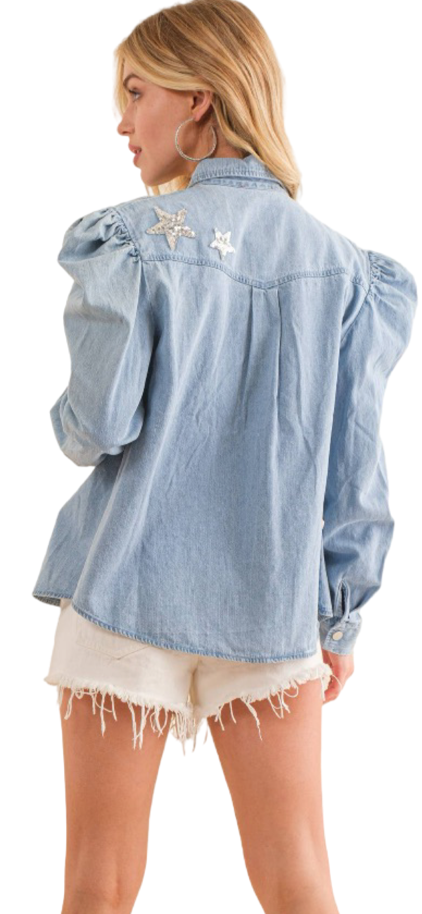 Apparel- Blue B. Garment Washed Chambray Sequin Shirt Blouse