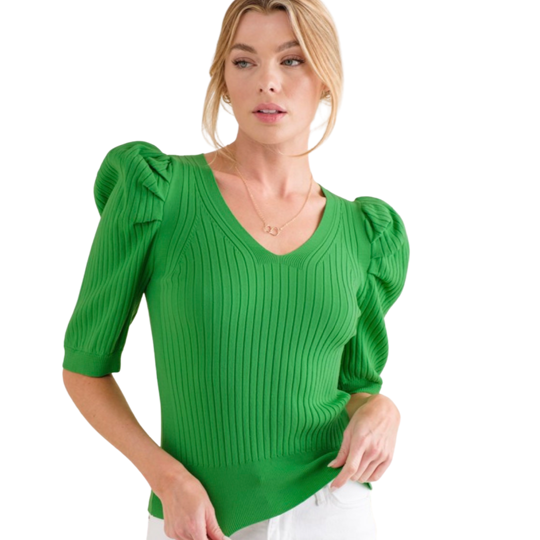 Apparel- And The Why Puff Sleeve Ribbed Basic Top