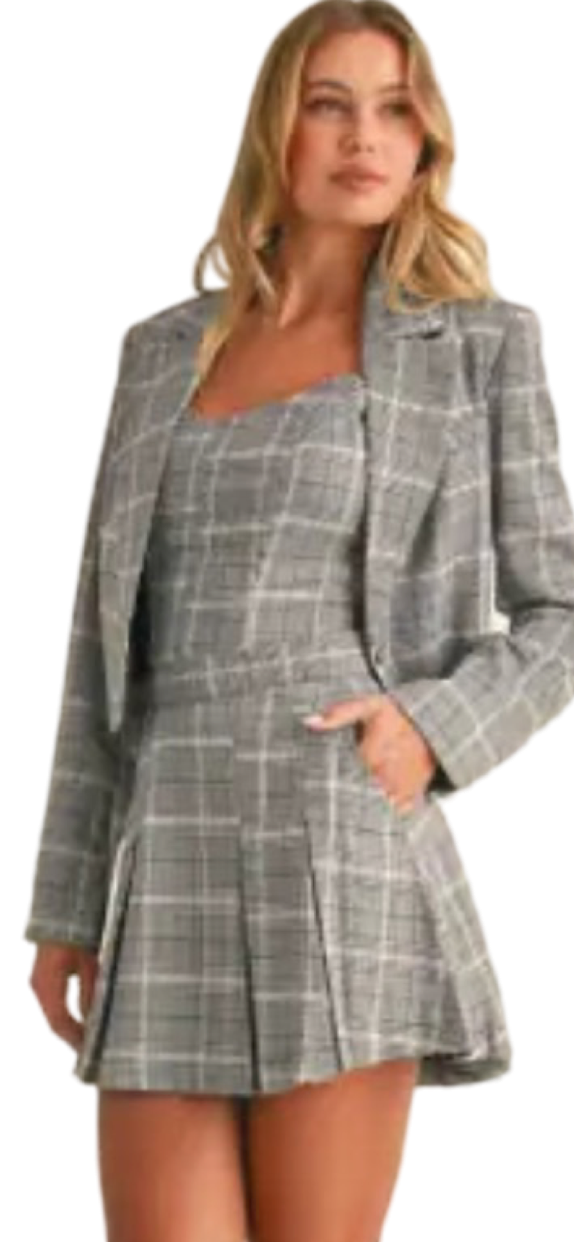 Apparel- Klesis Plaid Crop Top, Cropped Blazer and Pleated Mini Skirt