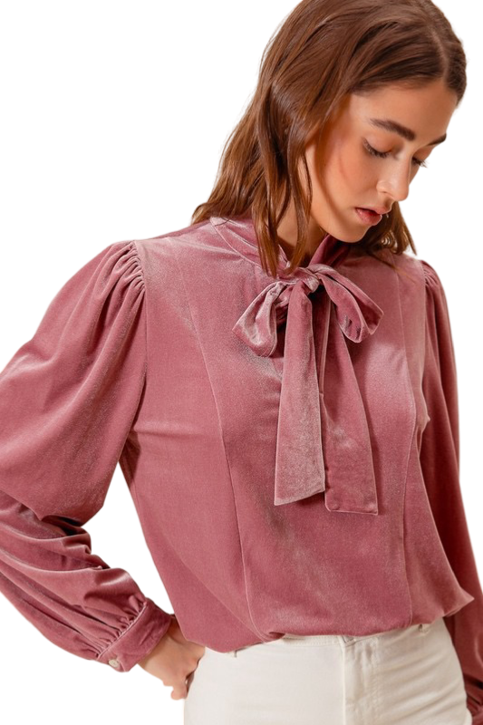 Apparel- So Me Bow Tie Neck Velvet Top with Puffed Sleeves