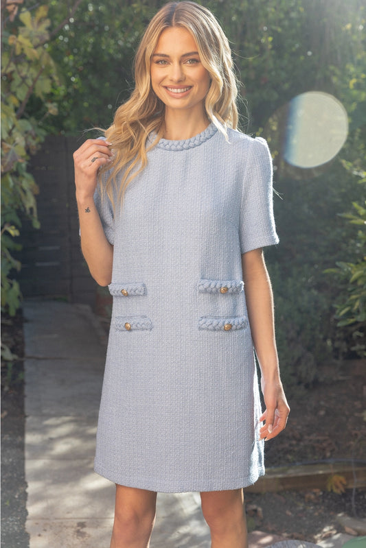 Apparel- VOY Braid Neck Double Pocket Tweed Dress