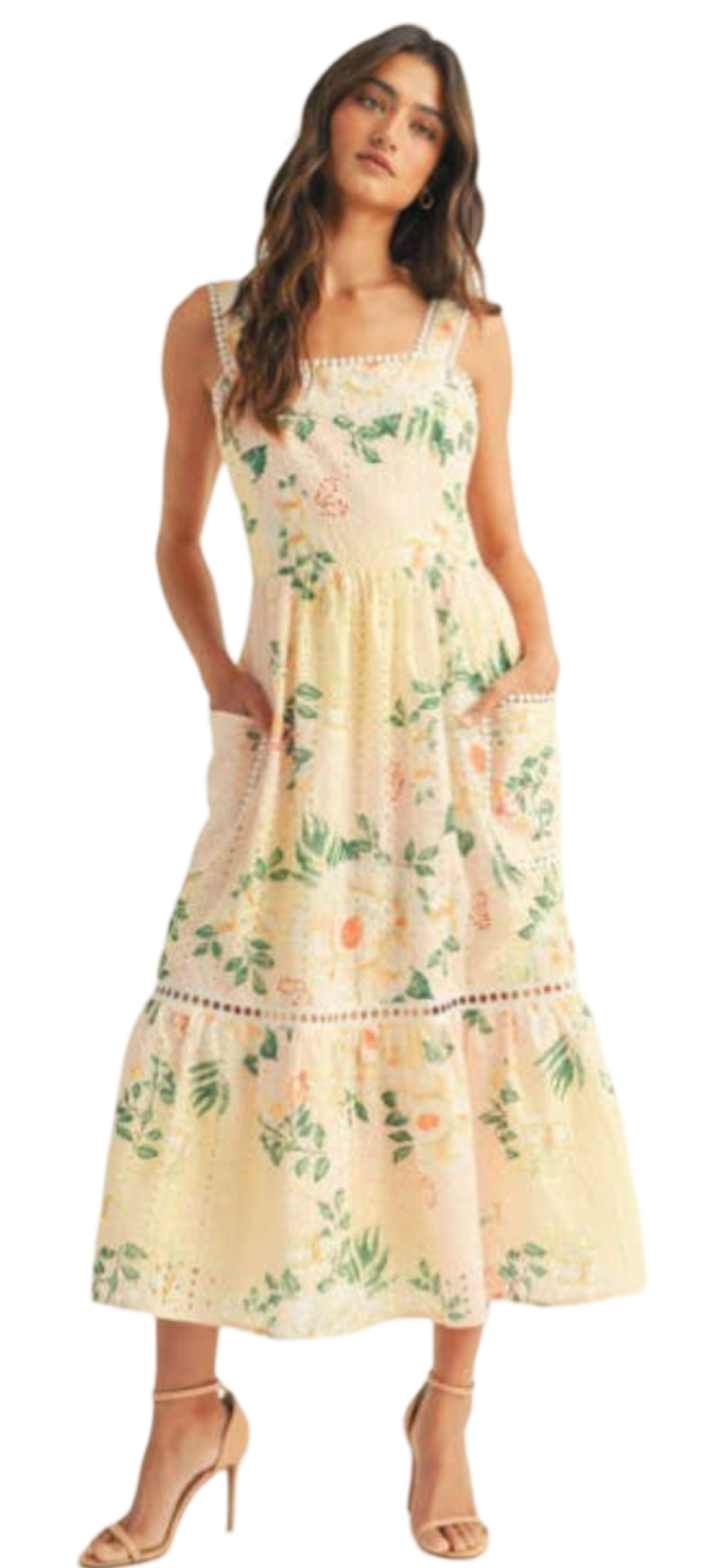 Apparel- Just Me Floral Printed Embroidered Sleeveless Midi Dress