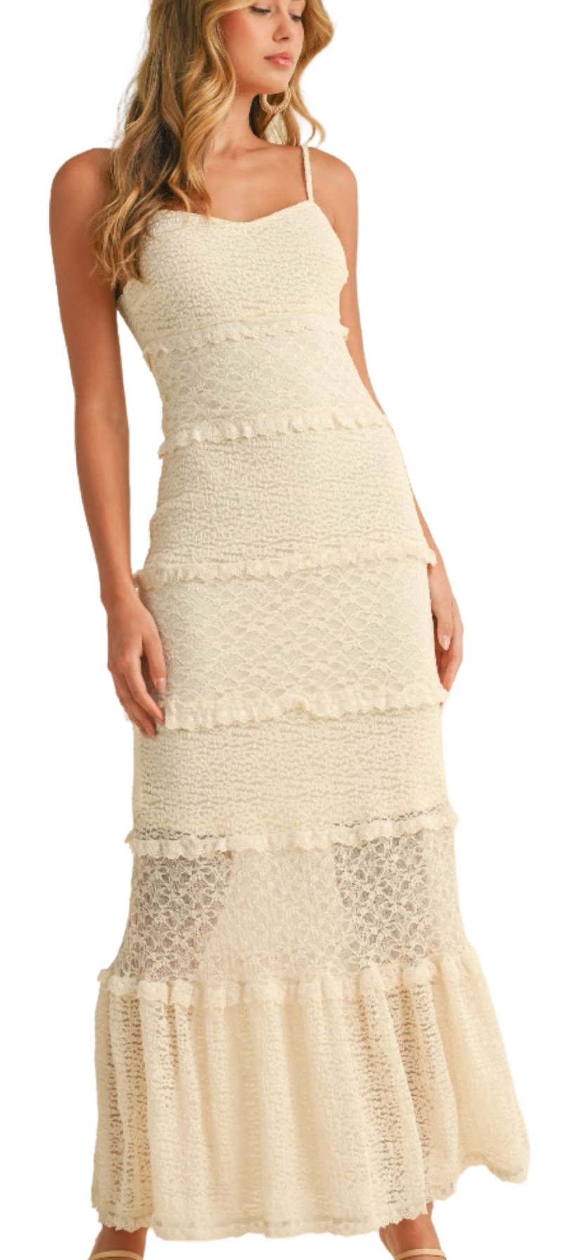 Apparel- Klesis Tiered Ruffled Lace Maxi Dress with Partial Lining