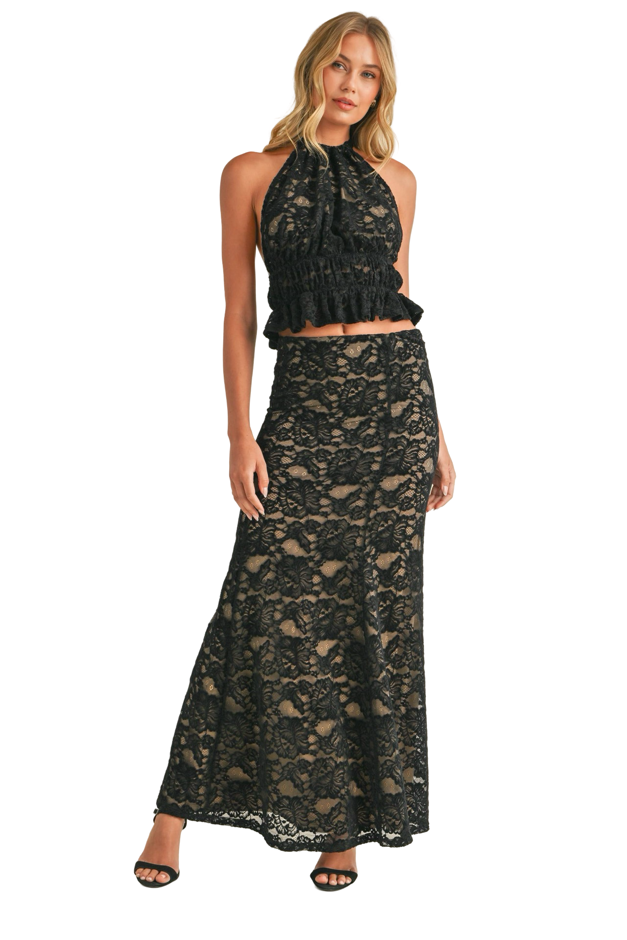 Apparel- Klesis Lace Halter Open Back Top and Maxi Skirt Set