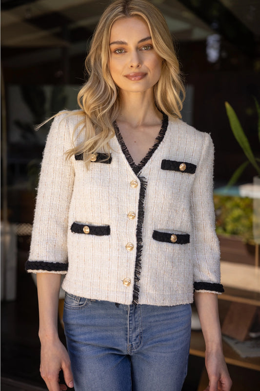 Apparel- VOY Contrast Braid Gold Button Accent Tweed Jacket