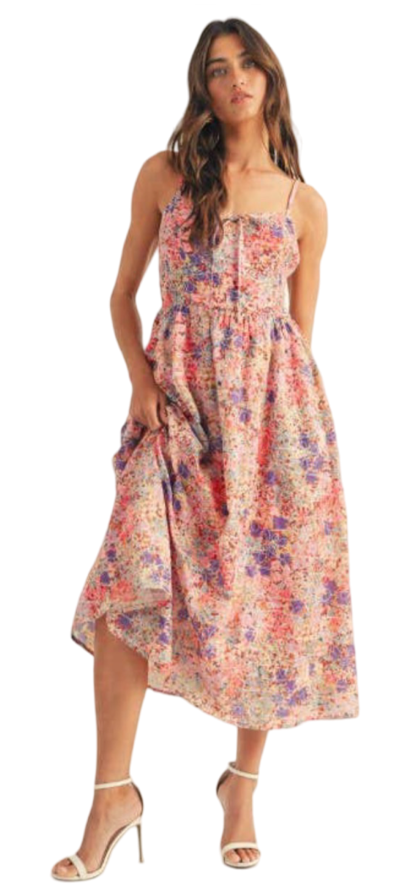 Apparel- Just Me Floral Print Smocked Bodice Midi Dress