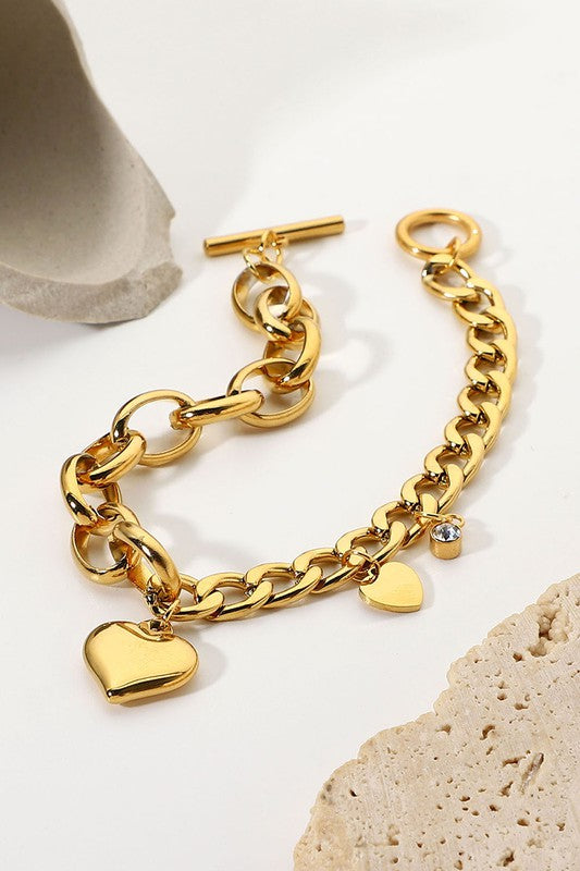 Bracelets- M&E Bling Stainless Steel Heart Pendant Chain Bracelet