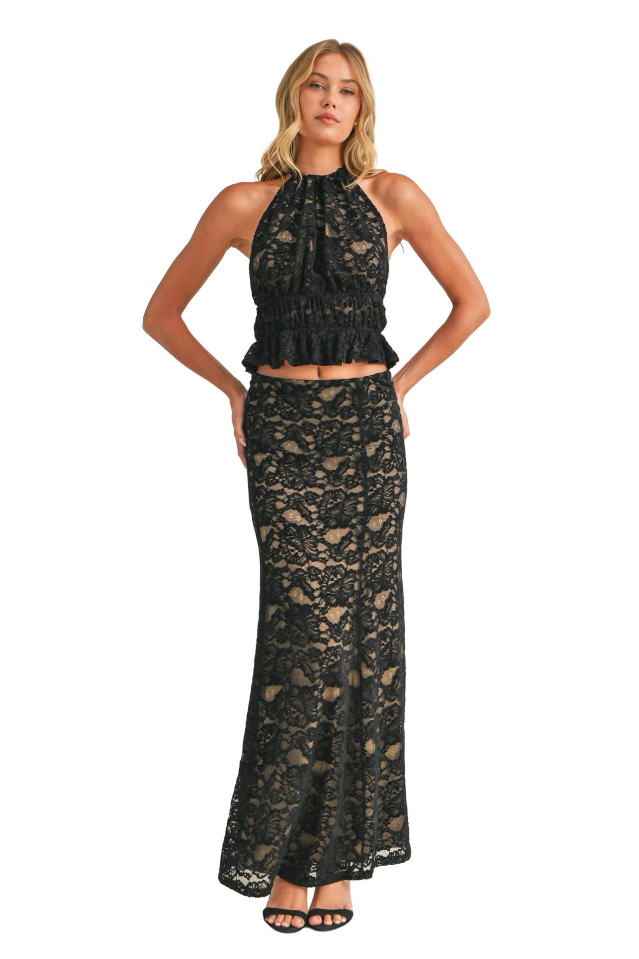 Apparel- Klesis Lace Halter Open Back Top and Maxi Skirt Set