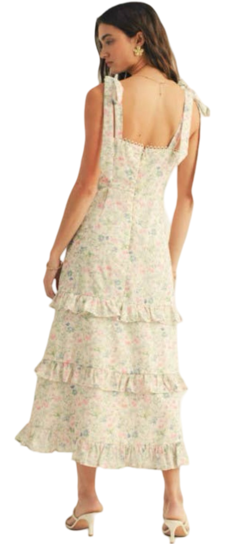 Apparel- Just Me Shoulder Tie Floral Lace Ruffle Detail Maxi Dress