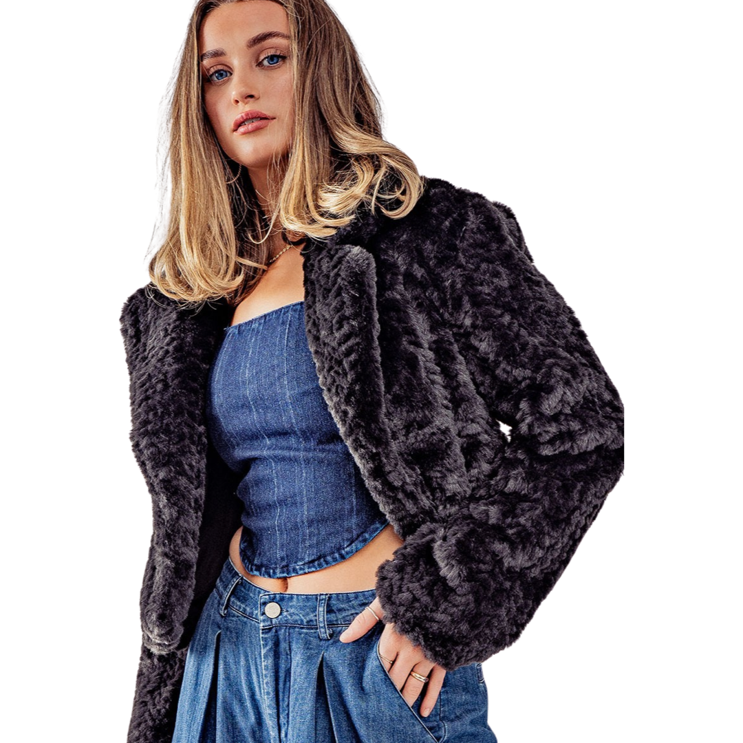 Apparel- Blu Pepper Open Front Collard Teddy Fur Jacket