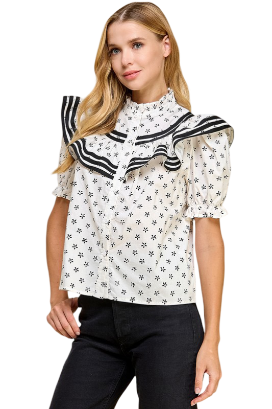 Apparel- TCEC Floral Ruffle Detail Button Up Top