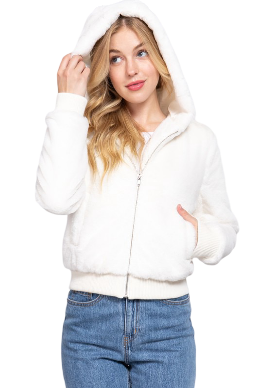 Apparel- Active Basic Faux Fur Zip Up Hoodie Jacket