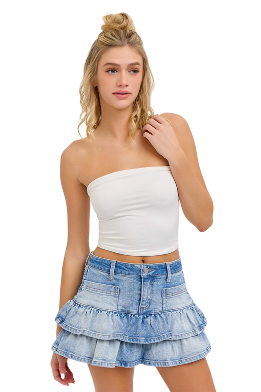 Apparel- Cello Mid Waisted Ruffle Denim Mini Skirt with Ruffled Hem