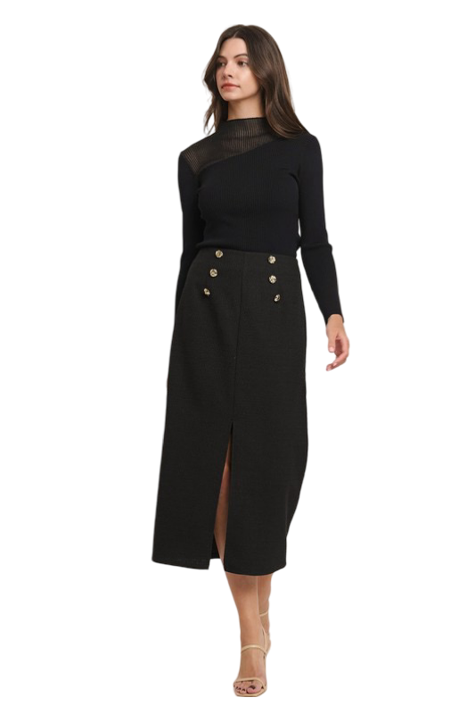 Apparel- Able Buttoned Boucle Midi Skirt with  Front Slit