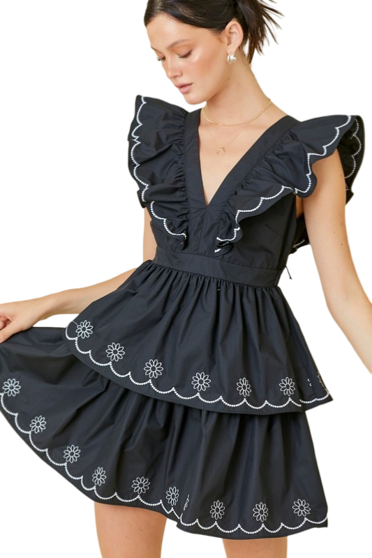 Apparel- Main Strip Embroidered Trim Ruffle Mini Dress