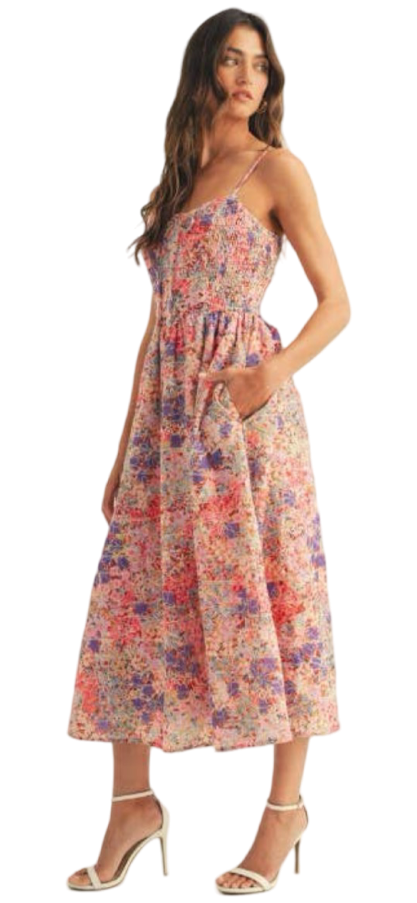 Apparel- Just Me Floral Print Smocked Bodice Midi Dress