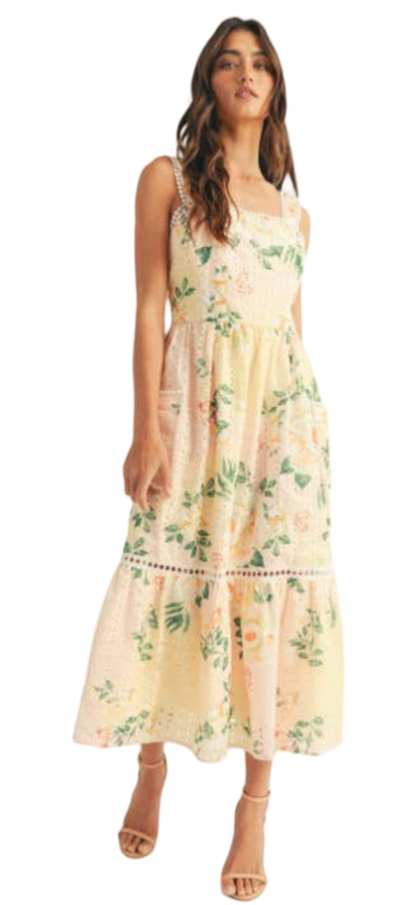 Apparel- Just Me Floral Printed Embroidered Sleeveless Midi Dress