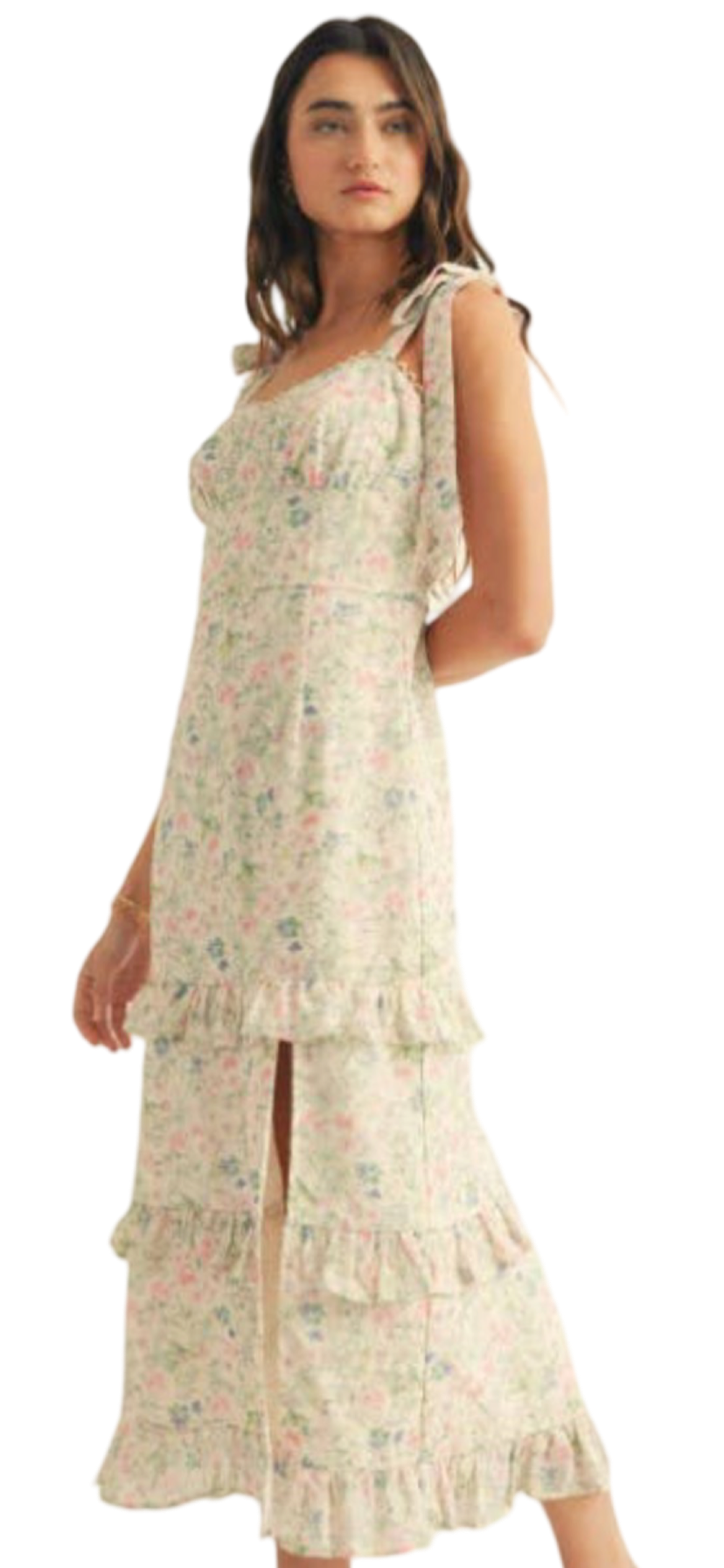 Apparel- Just Me Shoulder Tie Floral Lace Ruffle Detail Maxi Dress