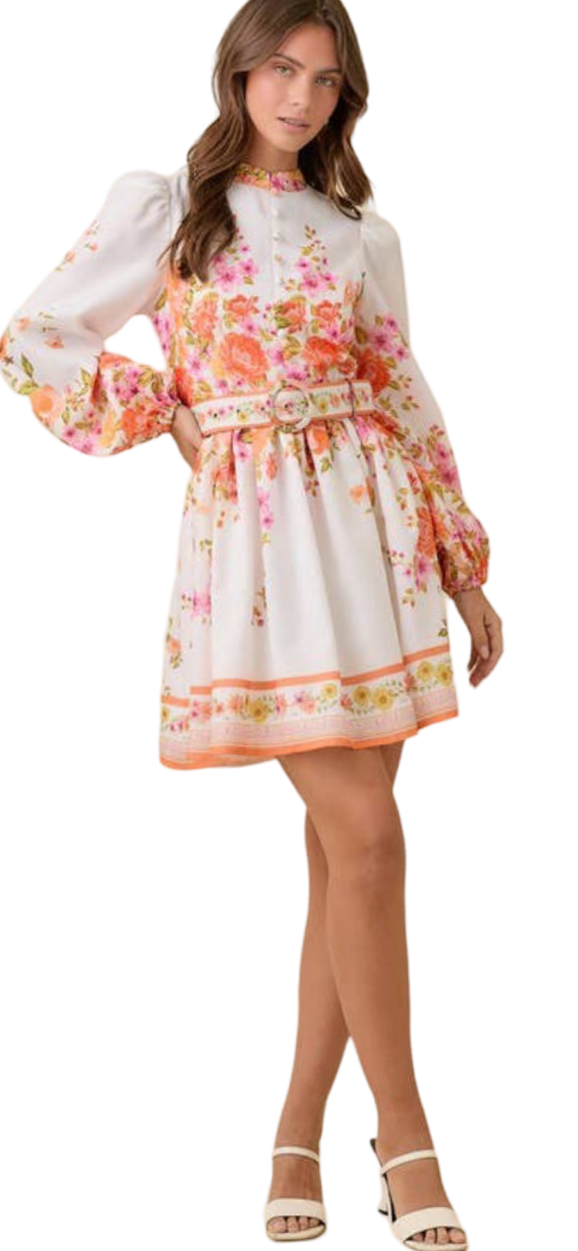 Apparel- Main Strip Mock Neck Floral Border Print Mini Dress