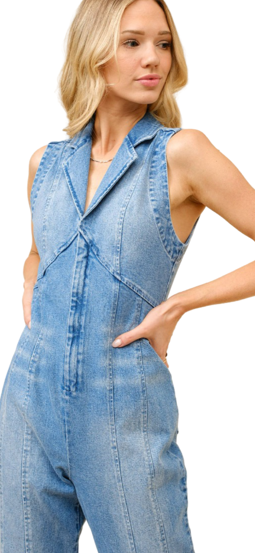 Apparel- Blue B. Collared Sleeveless Denim Jumpsuit