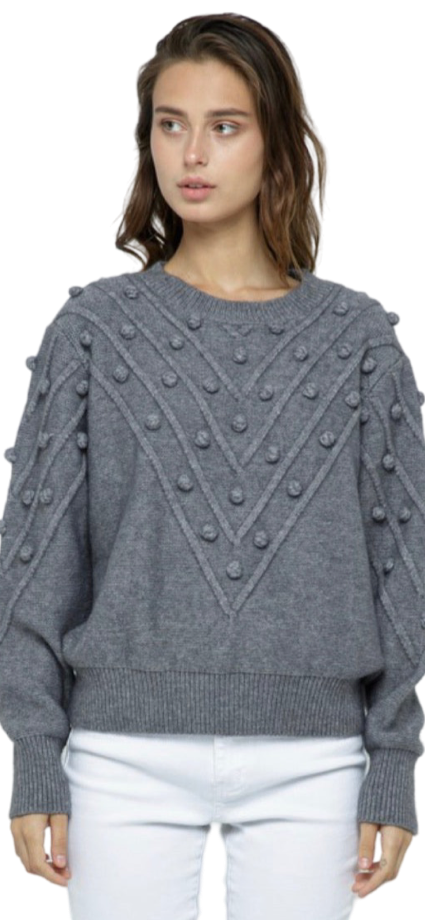 Apparel- En Merci Pom Pom V Style Sweater - Charcoal