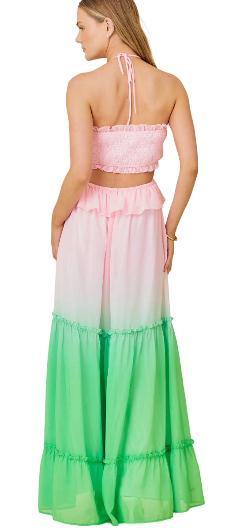 Apparel- Main Strip Ombre Print Oring Ruffle Waist Cut Maxi Dress