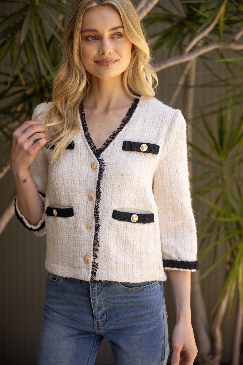 Apparel- VOY Contrast Braid Gold Button Accent Tweed Jacket