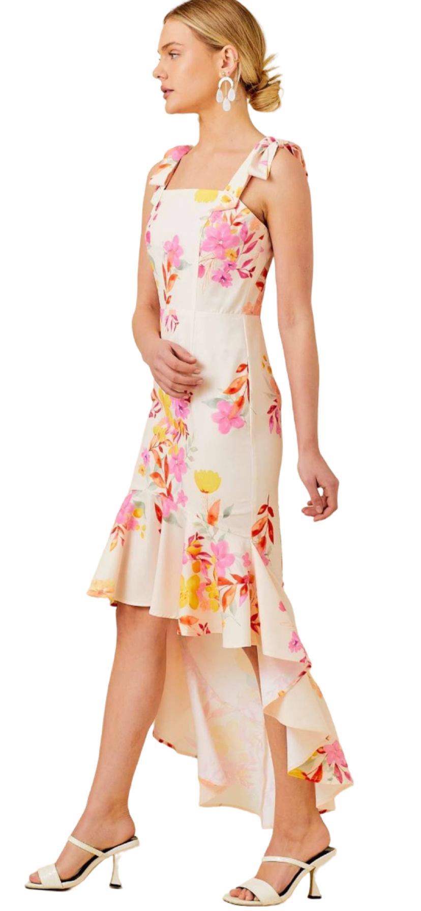 Apparel- Main Strip Floral Printed High-Low Ruffled Dress