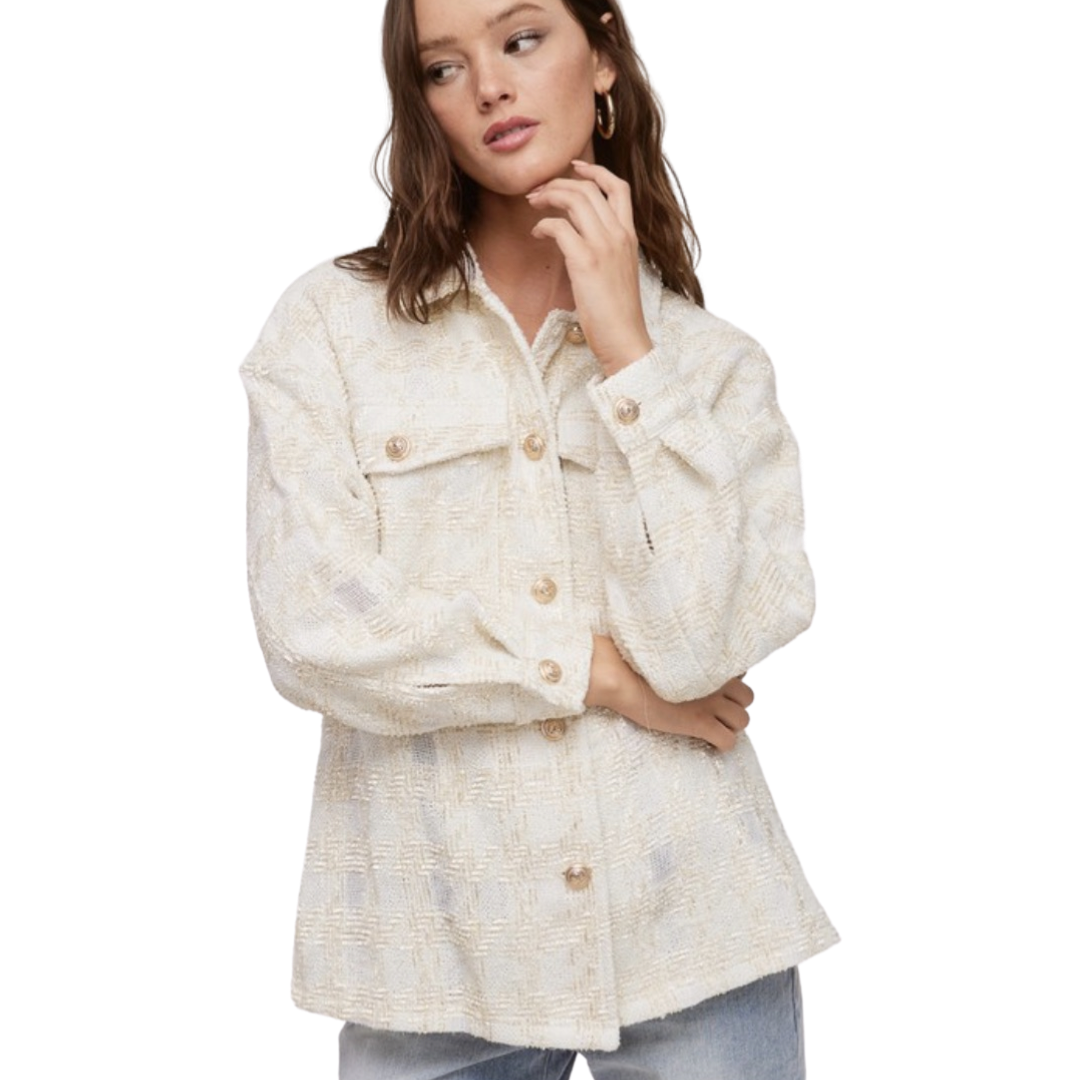 Apparel- Fanco Glitter Tweed Button Down Shacket