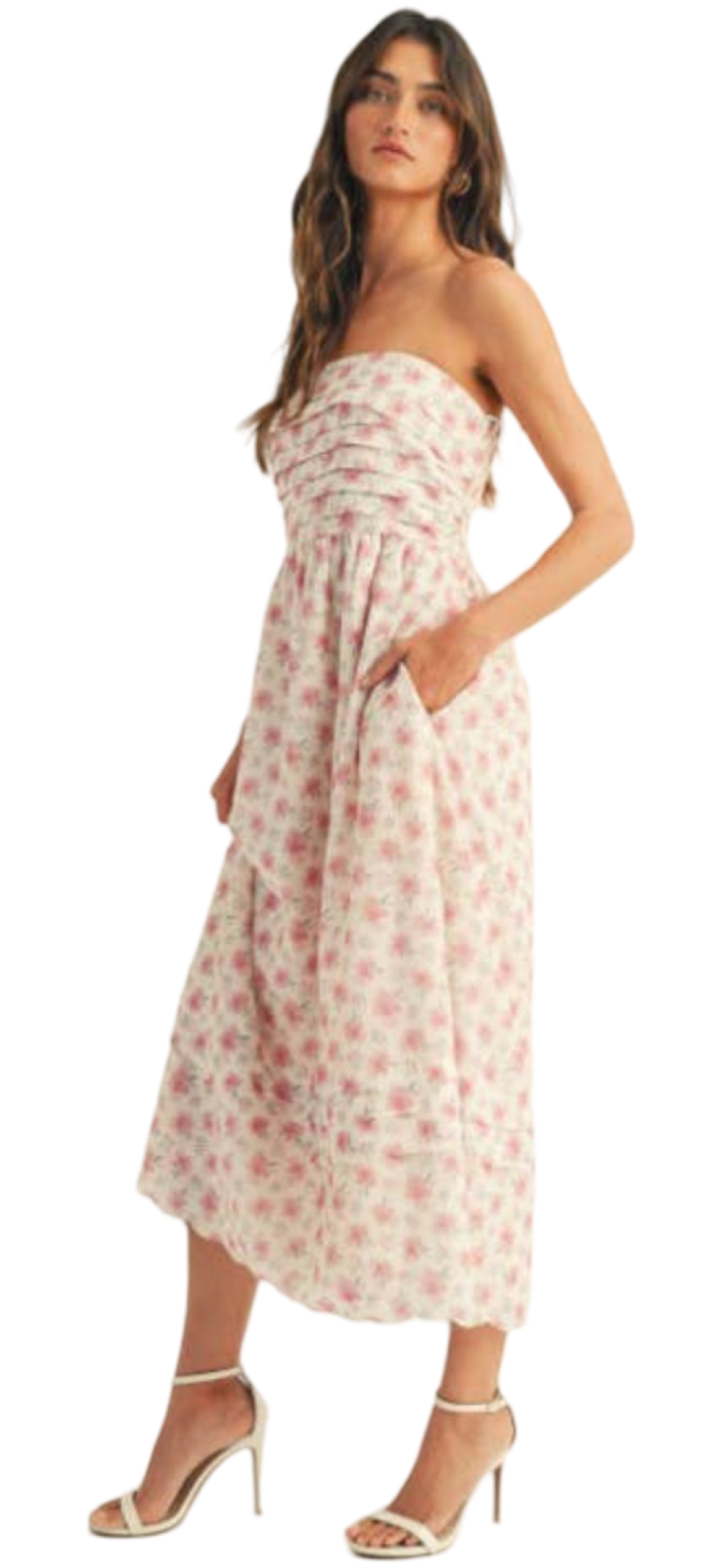 Apparel- Just Me Tube Pleated Bandeau Floral Printed Maxi Dress