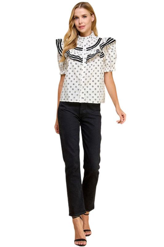 Apparel- TCEC Floral Ruffle Detail Button Up Top