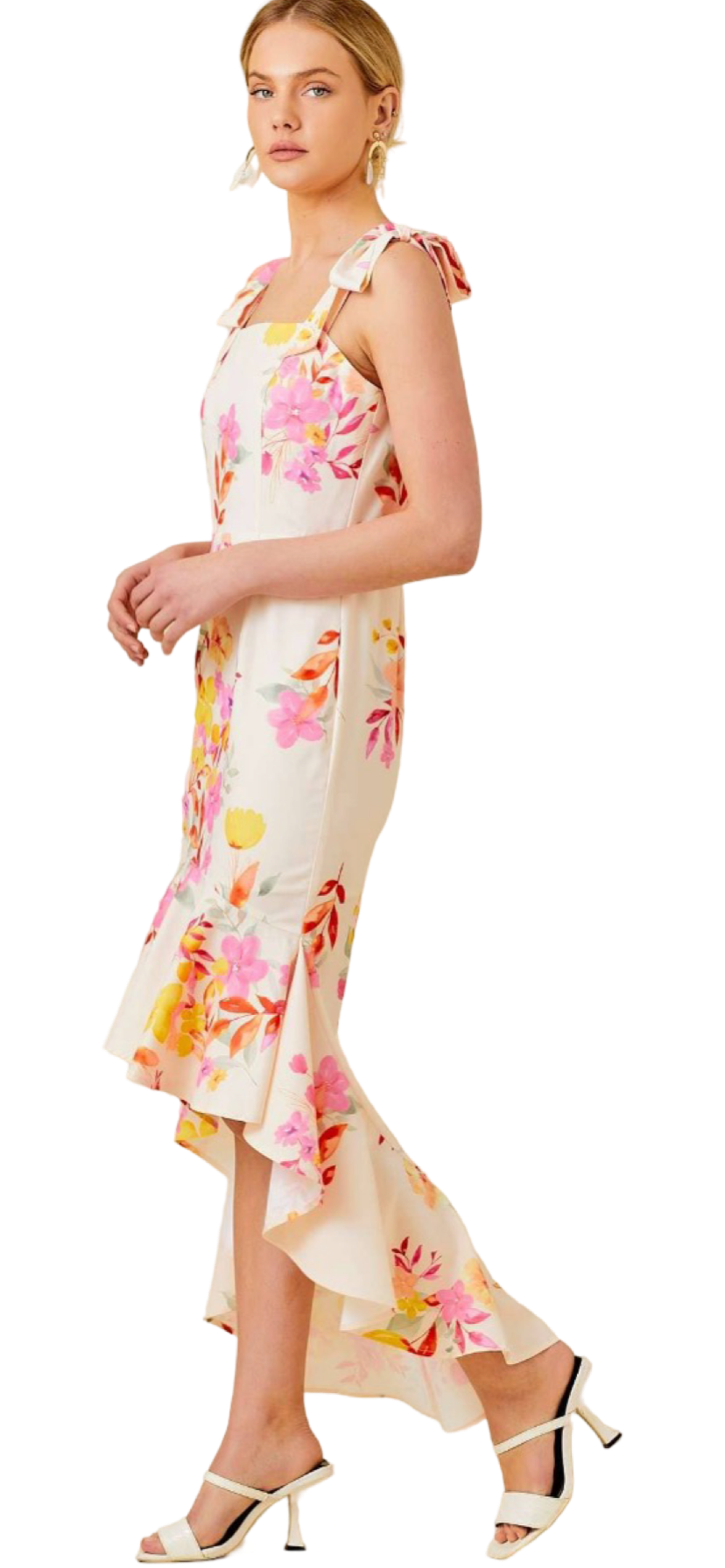 Apparel- Main Strip Floral Printed High-Low Ruffled Dress