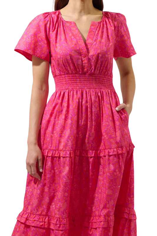 Apparel- Sugarlips Cerise Floral Palmer Poplin Tiered Maxi Dress