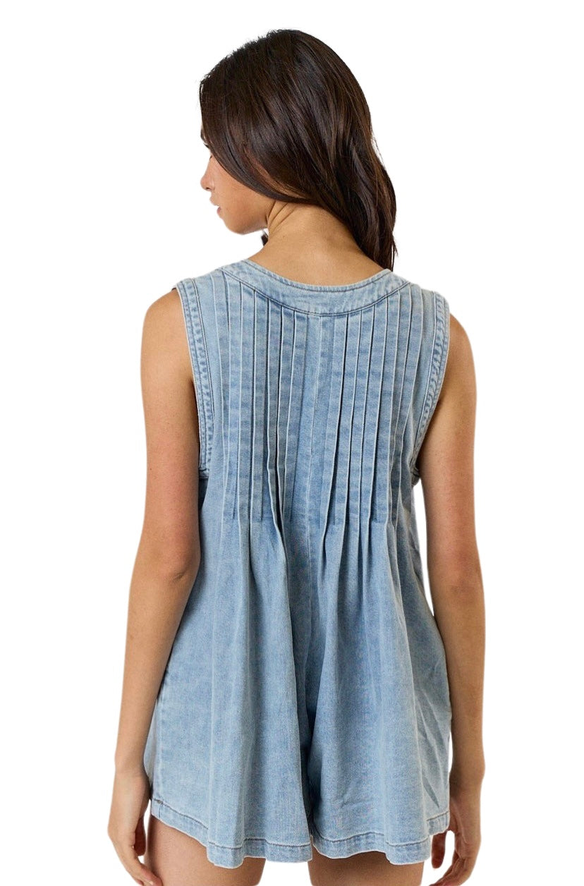 Apparel- LALAVON Pleated Denim Sleeveless Romper