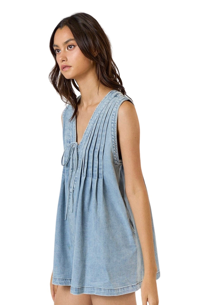 Apparel- LALAVON Pleated Denim Sleeveless Romper