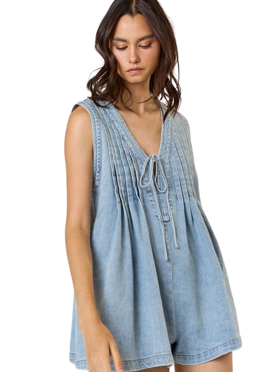 Apparel- LALAVON Pleated Denim Sleeveless Romper