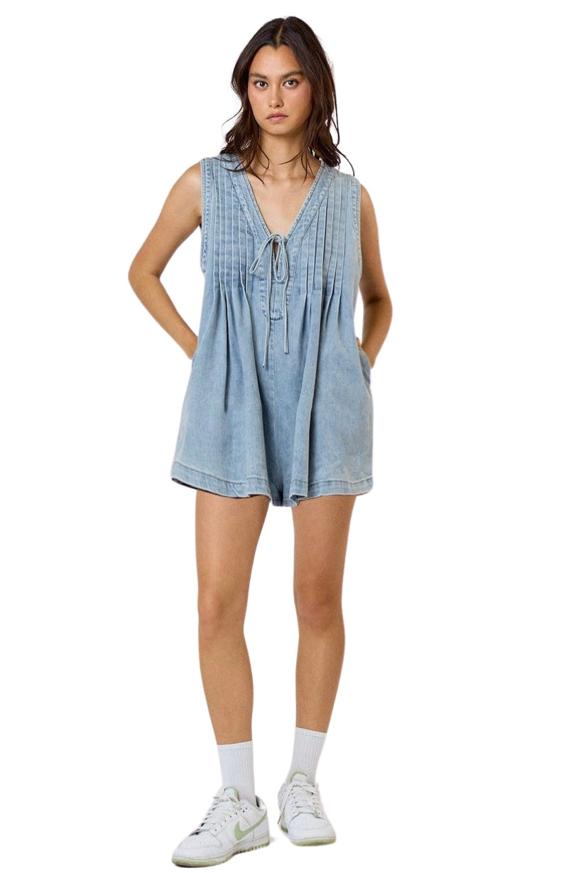 Apparel- LALAVON Pleated Denim Sleeveless Romper