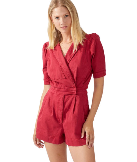 Apparel- Day+Moon Puff Sleeve Collared Denim Romper Game Day colors