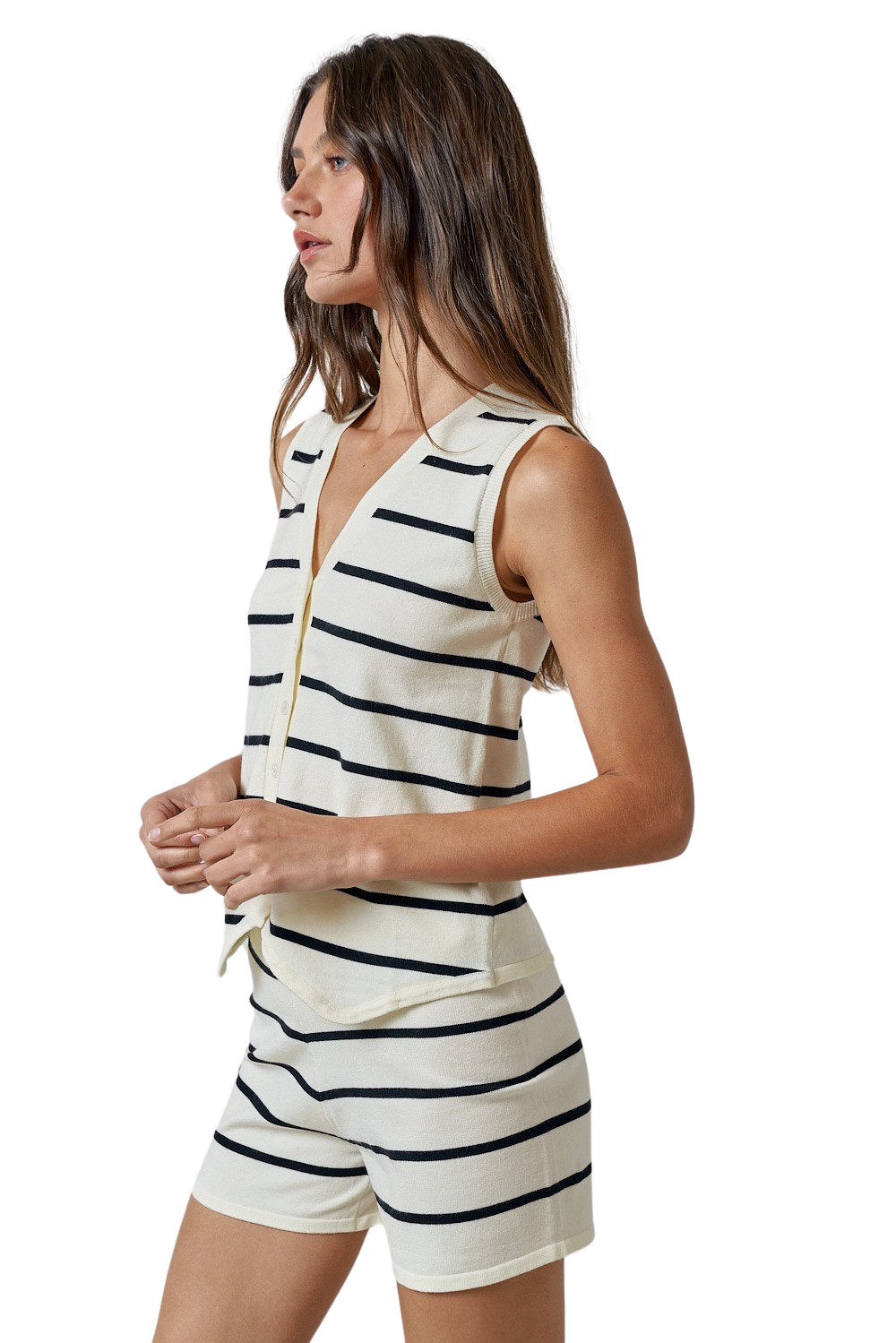 Apparel- LALAVON Striped Button Vest With Matching Short Set