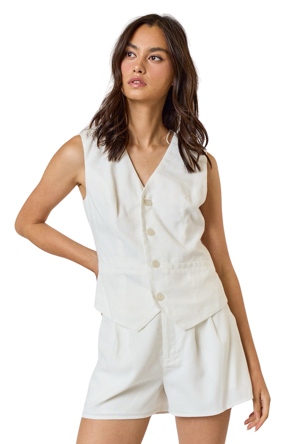 Apparel- LALAVON White Linen Button Vest With Matching Short Set