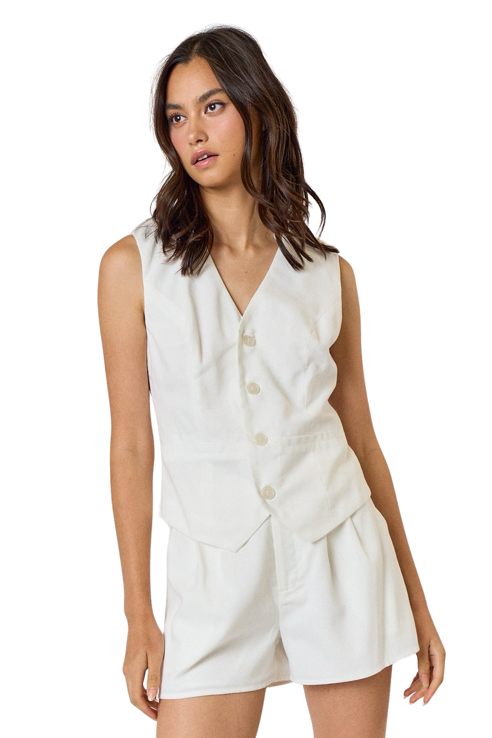 Apparel- LALAVON White Linen Button Vest With Matching Short Set