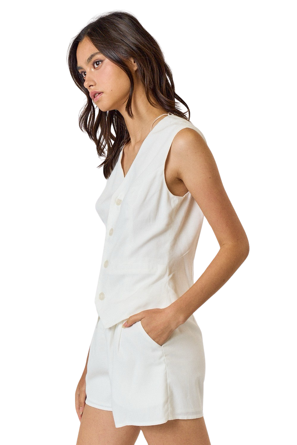 Apparel- LALAVON White Linen Button Vest With Matching Short Set