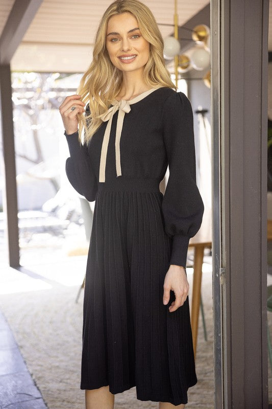 Apparel- VOY Princess Sleeve Ribbon Neckline Knit Midi Dress