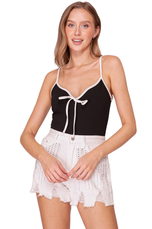 Apparel- Timing Coquette Contrast Bodysuit With Bow