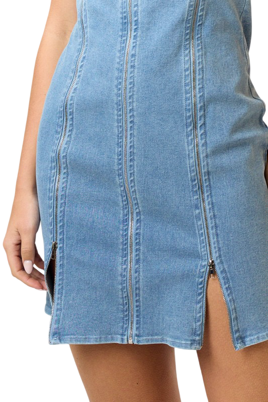 Apparel- Blue Blush Adjustable Zipper Detail Denim Tube Mini Dress