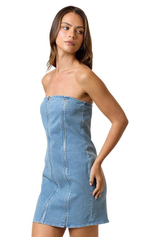 Apparel- Blue Blush Adjustable Zipper Detail Denim Tube Mini Dress