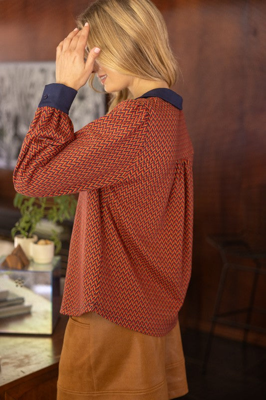 Apparel- VOY Collared Chevron Print Long Sleeve Top