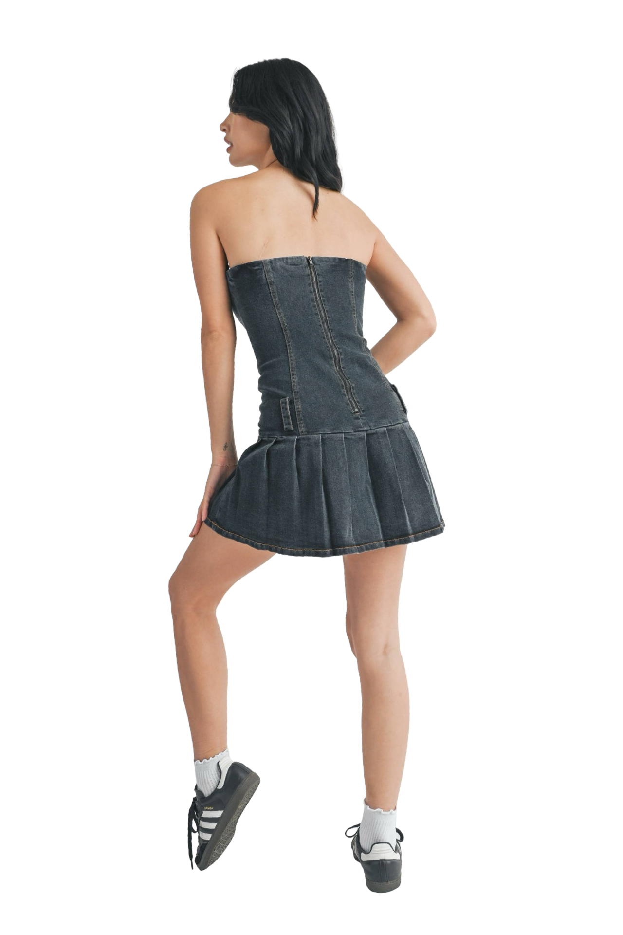 Apparel- Klesis Pleated Skirt Denim Strapless Dress